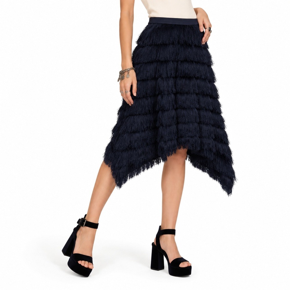 Eva Franco Fringe Tiered Handkerchief Hem A-Line Skirt Women 8 Navy Whimsigoth